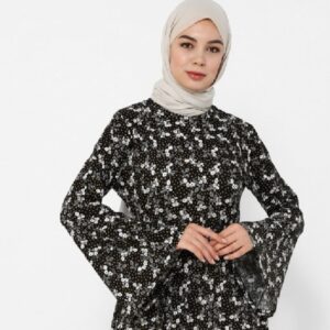 Floral Patterned Belt Detailed Modest Dress Black - 38 Medium