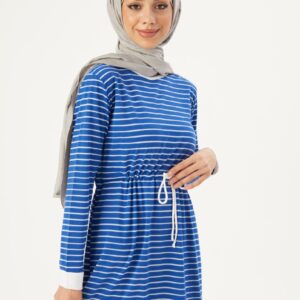 Striped Modest Dress Sax Blue