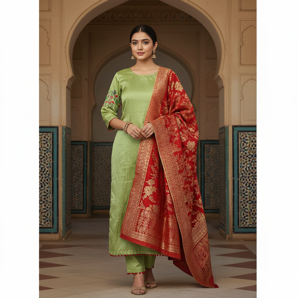 Kurti with Banarsi Dupatta set Length:48 (Kurti& Dupatta Only)